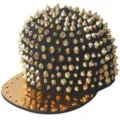 Black street punk style hip hop baseball cap featuring gold spikes and a metallic flat brim - Adjustable 55-60cm / Black Base Gold Rivets