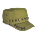 Olivgrüne Militärmütze mit metallischen Totenkopf-Nieten und flachem Oberteil - Stil 2 Militärgrün