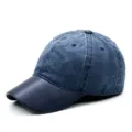 Gorra de béisbol vintage de algodón lavado azul marino con visera de cuero sintético liso - Ajustable para Circunferencia de Cabeza de 55-59cm / Estilo Visera de Cuero PU (Hebilla Ajustable) / Azul Marino