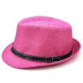 Bright pink straw jazz hat with black belt buckle detail for summer outdoor sun protection - One Size (56-58cm) / Jazz Hat Style / Rose Red