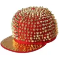 Red street punk hip hop hat featuring full gold cone spikes and a shiny flat brim - Adjustable 55-60cm / Red Base with Gold Rivets