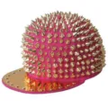 Punk style hip-hop cap in pink featuring full golden spikes and a flat metallic brim - Adjustable 55-60cm / Rose Red Base with Gold Rivets