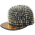 Black punk style hip hop cap with full gold rivets and a flat gold brim design - Adjustable 55-60cm / Dark Blue Base with Gold Rivets