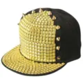 Berretto da baseball hip hop nero con borchie quadrate dorate e tesa piatta per bboy - Regolabile 55-60cm / Base nera con borchie quadrate oro (stile a punta)