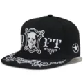 Zwarte streetwear hip hop pet met platte rand en een wit geborduurde schedel erop - Verstelbaar / Zwart