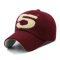 Casquette de baseball en laine bordeaux pour hommes et femmes avec broderie chiffre 5 - 56-60cm Réglable / Rouge Vin Base Numéro