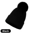 Gorro clásico de punto acrílico negro con un pompón grande y suave para el invierno - Talla Adulto (54-60cm) / Negro (Estilo Pompón)