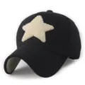 Casquette de baseball en laine noire chaude avec grand patch étoile en chenille crème. - 56-60cm Réglable / Base Noire Étoile Rouge Vin