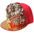 Gorra de béisbol punk roja con tachuelas metálicas doradas y adornos cabeza de leopardo - Estilo Cabeza de Leopardo / Rojo