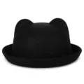 Chapeau melon mignon noir en feutre de laine avec oreilles de chat pour femme, hiver - Noir