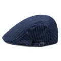 Vintage dark blue pinstriped newsboy cap for men and women with adjustable side buckle - Adjustable (56-59cm) / Dark Blue with White Narrow Stripes