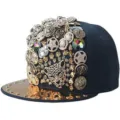 Gorra de béisbol hip-hop punk de visera plana con tachuelas doradas y leopardo - Estilo Cabeza de Leopardo / Azul marino