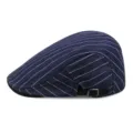 Classic navy blue striped retro beret flat cap with adjustable metal buckle strap - Adjustable (56-59cm) / Dark Blue with White Wide Stripes