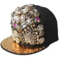 Gorra de béisbol punk hip hop negra con cabeza de leopardo y visera dorada con tachuelas - Estilo Cabeza de Leopardo / Negro