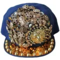 Gorra de béisbol punk azul con remaches dorados y cabeza de león - Estilo de Cabeza de León / Azul Colorido Con Cabeza de León