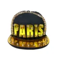 Stylish hip-hop snapback hat featuring golden PARIS acrylic letters and punk style studs. - One Size (55-60cm Adjustable) / Black Gold Letter PARIS