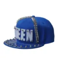 Blue hip-hop flat brim baseball cap with acrylic QUEEN letters and punk metal studs - Color Blue QUEEN / One size fits all can be adjusted 55-60cm