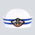 White sailor navy hat with blue stripes and Captain anchor embroidery - Kids One Size 53-54cm / Fan Shape Patch