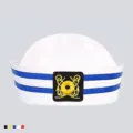 White Popeye sailor hat with blue stripes and yellow anchor embroidery for uniform - Kids One Size 53-54cm / Square Label