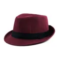 Elegant burgundy wool felt fedora hat featuring a classic black band for a vintage look - Size M 57-58cm / Ribbon Style / Burgundy