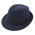 Classic navy blue wool felt fedora jazz hat featuring a stylish black decorative band - Size M 57-58cm / Ribbon Style / Navy Blue