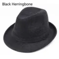 Stylish black herringbone wool fedora jazz hat for men and women during autumn winter - Size M 57-58cm / Herringbone / Black