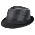 Stylish retro grey and black plaid wool felt fedora jazz hat with black ribbon band - Size M 57-58cm / Ribbon Style / Large Gray Plaid