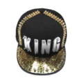 Cappello snapback hip-hop nero con lettere KING in acrilico, punte dorate e tesa leopardata - Leopard print white character KING