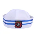 Klassischer weißer Matrosenhut mit blauen Streifen und besticktem Steuerrad-Aufnäher - Navyfarbenes Steuerrad