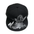 Black Chinese style flat brim hip hop baseball cap featuring detailed silver koi fish embroidery - Koi Fish Embroidery / Black