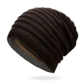 Dark brown striped knitted slouchy beanie for men and women winter thermal warmth - One Size / Coffee