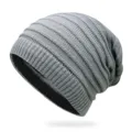 Grey slouchy knitted beanie with striped texture and double-sided wear design for winter - One Size / Light Gray