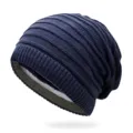 Double-sided knitted slouchy beanie hat for men and women in dark blue with striped lining - One Size / Dark Blue