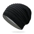 Black pleated winter knit beanie hat with soft grey interior lining for unisex wear - One Size / Black
