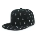 Black hip hop snapback hat with white embroidered cross patterns on a white background. - Adjustable (56-60cm) / Flat Brim Cross Embroidery / White Cross Black Base (PYM105)