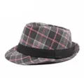 Modischer grauer und rosa karierter Fedora-Hut mit kurzer Krempe und schwarzem Band - Einheitsgröße(56-58cm) / Graurosa Gitter