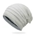 Cozy white pleated knit beanie with striped texture and soft grey lining for winter season - One Size / Off White