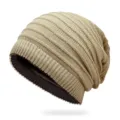 Winter khaki and brown reversible knitted slouchy beanie with ribbed texture - One Size / Beige