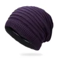 Deep purple pleated stripe knitted beanie with warm black lining for winter wear - One Size / Purple