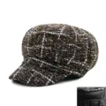 Gorra newsboy vintage para mujer con cuadros marrones y detalle elástico interno para invierno - Talla Única para 56-58cm / Café con Hilo Metálico