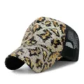 Modische Leopardenmuster-Pailletten-Trucker-Kappe für Damen mit schwarzem Mesh-Netzteil - Pailletten-Stil / Kaffee Leopard