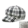 Gorra vintage de cuadros blancos y negros para mujer con forro interior ajustable - Talla Única para 56-58cm / Estilo 1-Blanco con Cordón