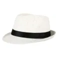 Classic white straw fedora hat with a stylish black ribbon band for summer beach wear - Grid Cream White