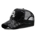 Schwarze Pailletten-Baseballkappe mit Strass-A-Buchstaben und atmungsaktivem Netz - Buchstabe A Stil / Schwarz