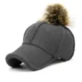 Fashionable winter grey suede baseball cap with a large fluffy brown pom-pom for men and women - 56-59cm(Adjustable) / Gray (With Pom Pom)