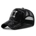 Elegant black sequin mesh trucker hat featuring a pearl-embellished D letter design - Letter D Style / Black