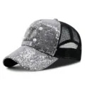 Stylish silver sequin trucker hat for women featuring pearl D initial and breathable black mesh - Letter D Style / Silver with Black Grid