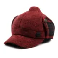 Bonnet d'hiver pointu bordeaux mignon avec cache-oreilles à carreaux, casquette en tricot chaud. - Taille Unique pour 56-58cm / Rouge