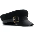Vintage black wool navy hat for women with faux leather brim and square gold buckle - One Size (56-58cm) / Black