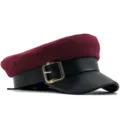 Vintage burgundy wool baker boy hat with black faux leather brim and gold buckle - One Size (56-58cm) / Burgundy